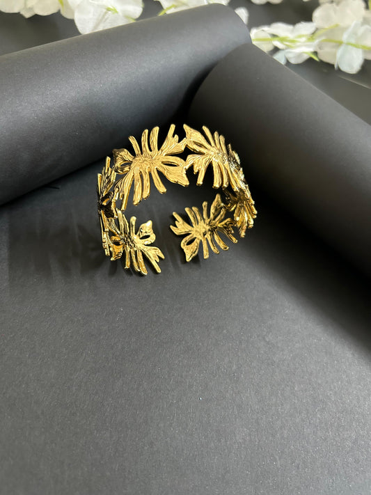 Gold-Plated Tropical Leaf Kada – Statement Open Cuff for Women