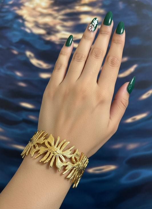 Gold-Plated Tropical Leaf Kada – Statement Open Cuff for Women